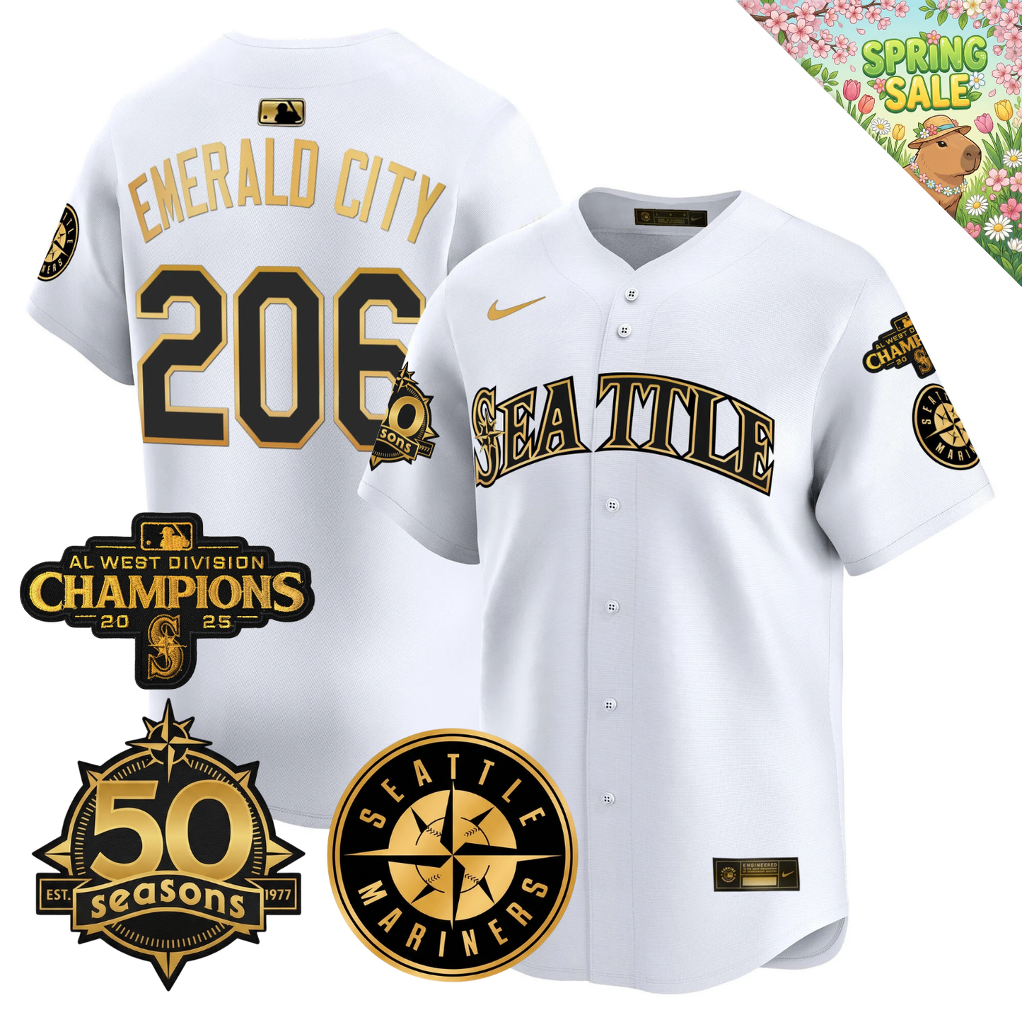 SEA Vapor Limited Gold Jersey - 50th Anniversary & 2025 AL West Champs Patch - All Stitched