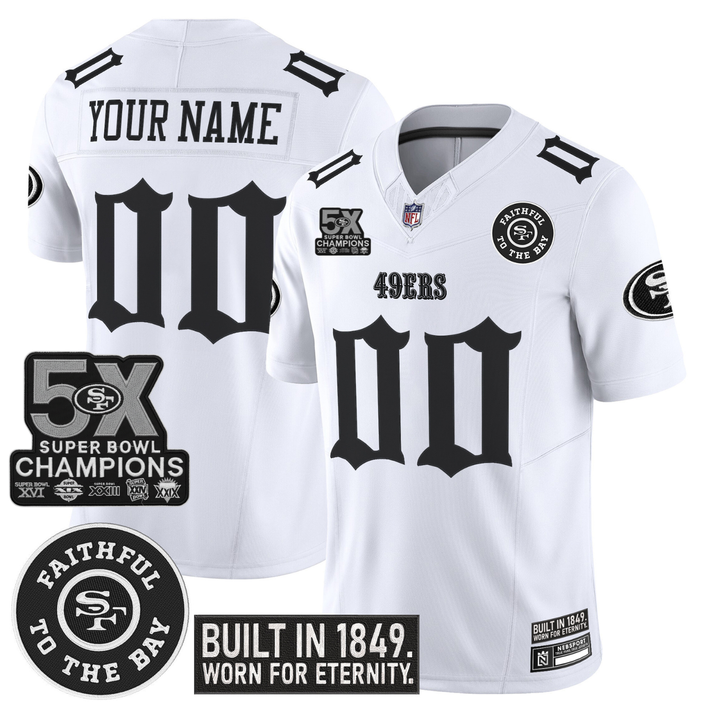 Custom SF ‘Fog City Gothic Edition’ 5x Champions Patch Vapor Limited Jersey – All Stitched (Copy) White