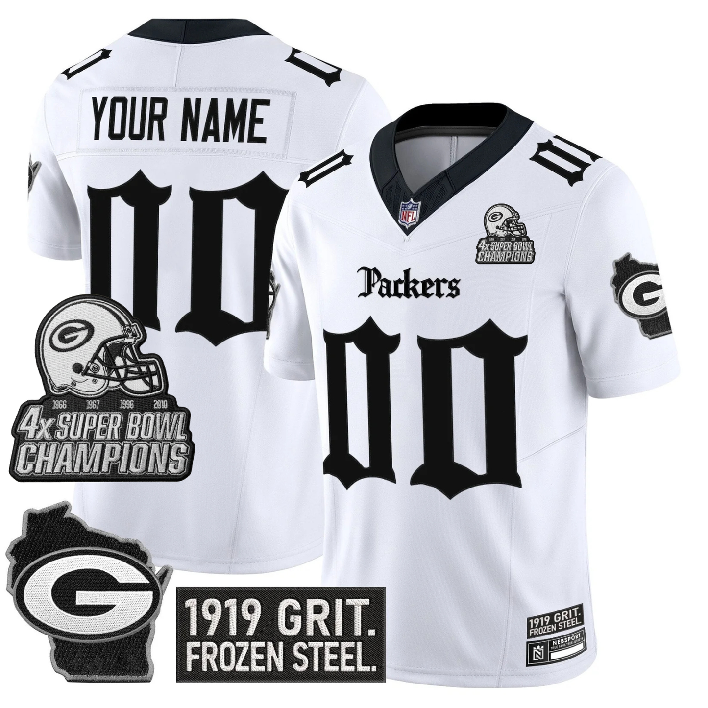 Custom GB ’Gothic Frozen Tundra Edition’ 4x Champions Patch Vapor Limited Jersey - All Stitched (Copy) White