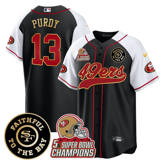 49ers Faithful To The Bay & 5x Champions Patch Baseball Jersey - All Stitched
