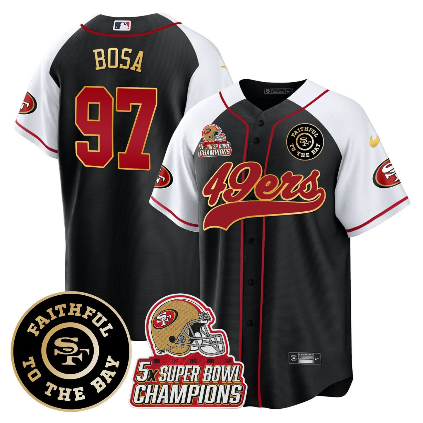49ers Faithful To The Bay & 5x Champions Patch Baseball Jersey - All Stitched