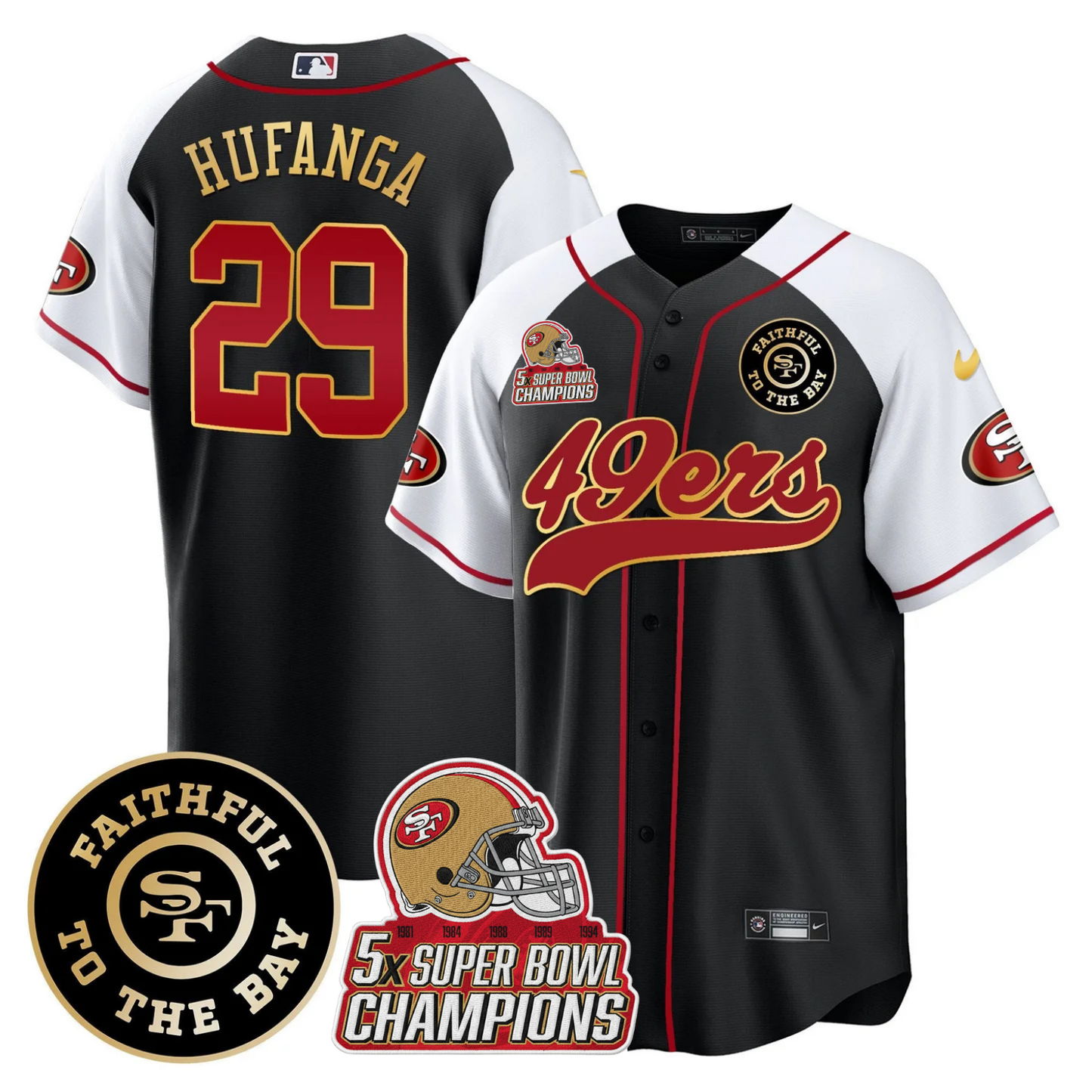 49ers Faithful To The Bay & 5x Champions Patch Baseball Jersey - All Stitched