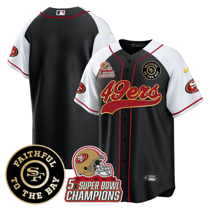 49ers Faithful To The Bay & 5x Champions Patch Baseball Jersey - All Stitched