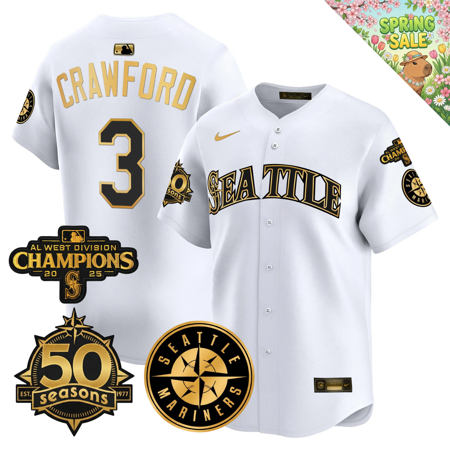 SEA Vapor Limited Gold Jersey - 50th Anniversary & 2025 AL West Champs Patch - All Stitched