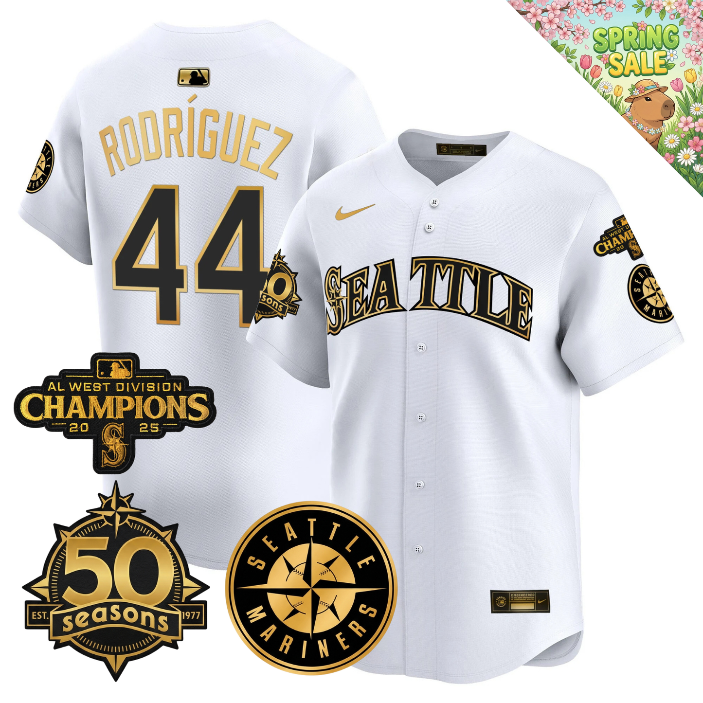 SEA Vapor Limited Gold Jersey - 50th Anniversary & 2025 AL West Champs Patch - All Stitched