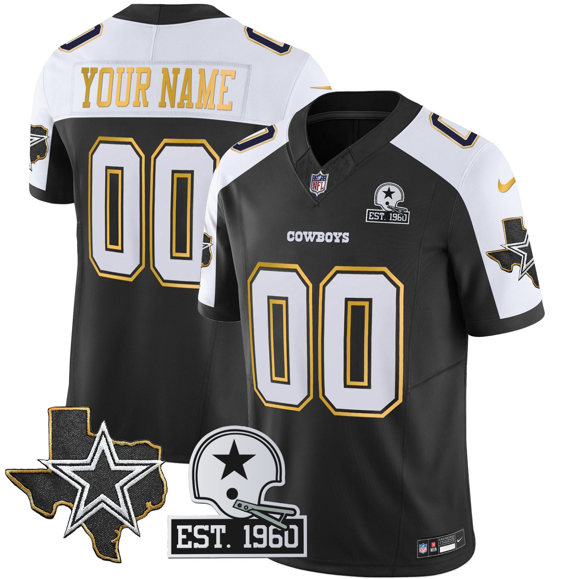 Cowboys Texas Patch Gold Trim Vapor Custom Jersey - All Stitched