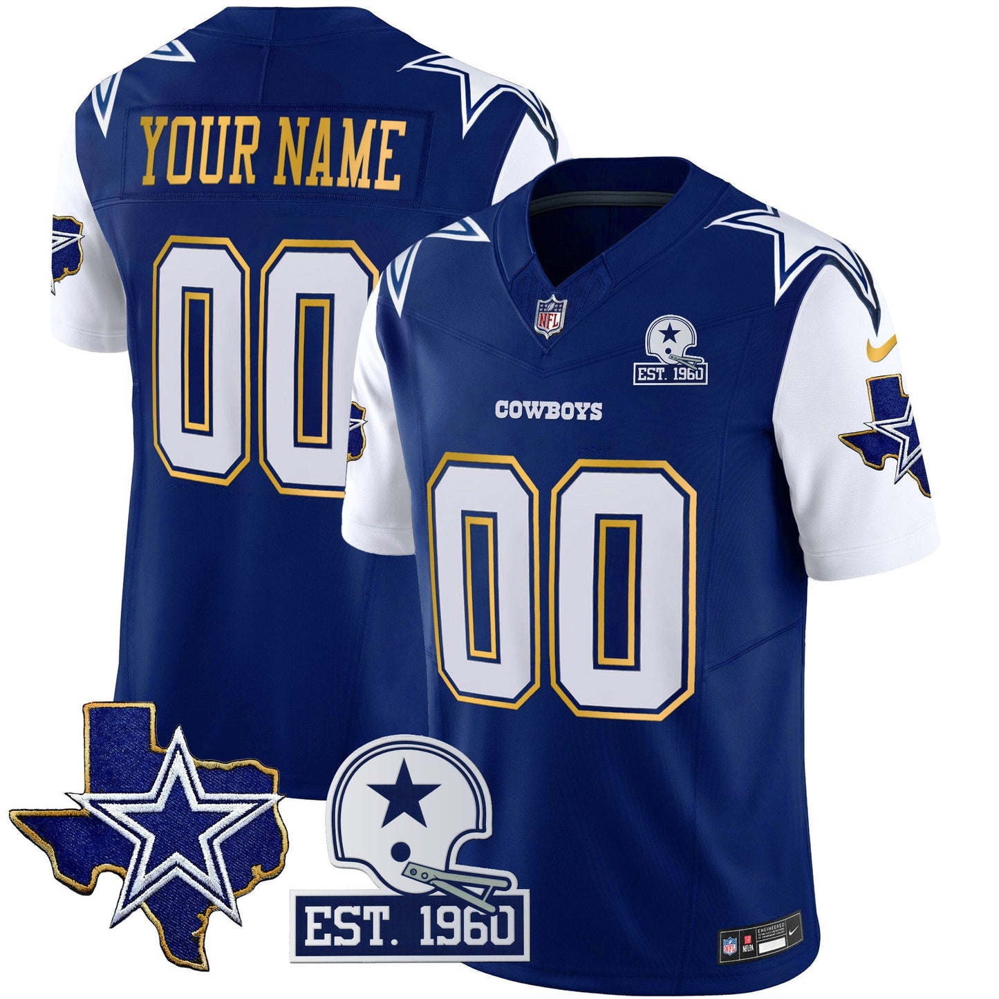 Cowboys Texas Patch Gold Trim Vapor Custom Jersey - All Stitched