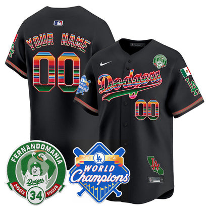 Custom Name/Gender Dodgers Mexico Fernando Memorial & 2024 World Series Champions Patch Jersey - All Stitched
