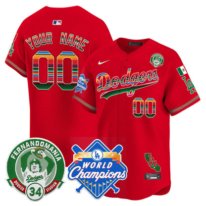 Custom Name/Gender Dodgers Mexico Fernando Memorial & 2024 World Series Champions Patch Jersey - All Stitched