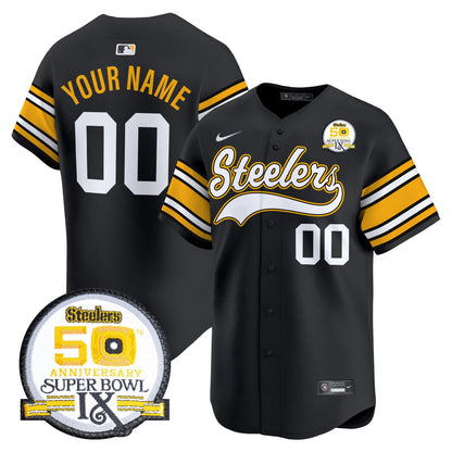 Steelers 50th Anniversary Of Super Bowl IX Patch Vapor Premier Baseball Custom Jersey - All Stitched