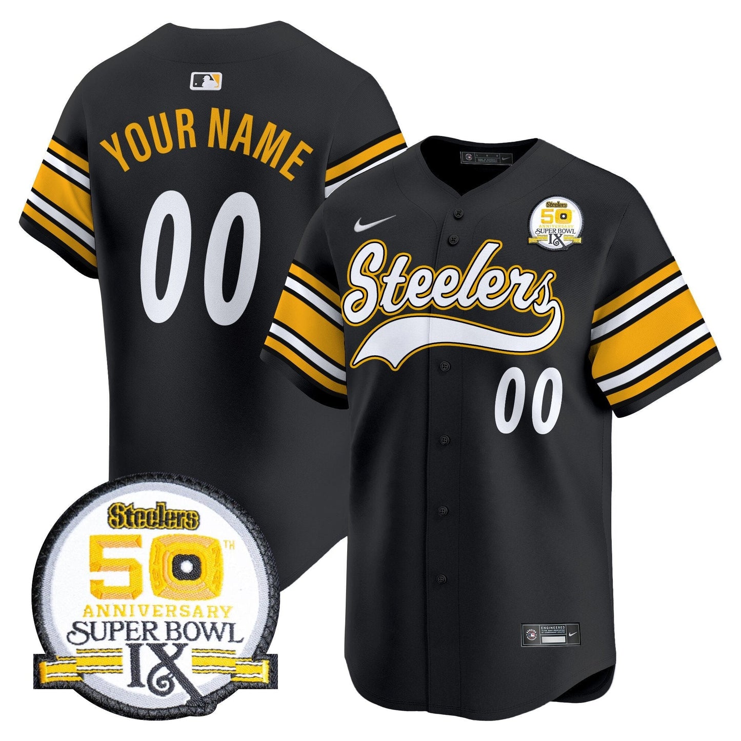 Steelers 50th Anniversary Of Super Bowl IX Patch Vapor Premier Baseball Custom Jersey - All Stitched