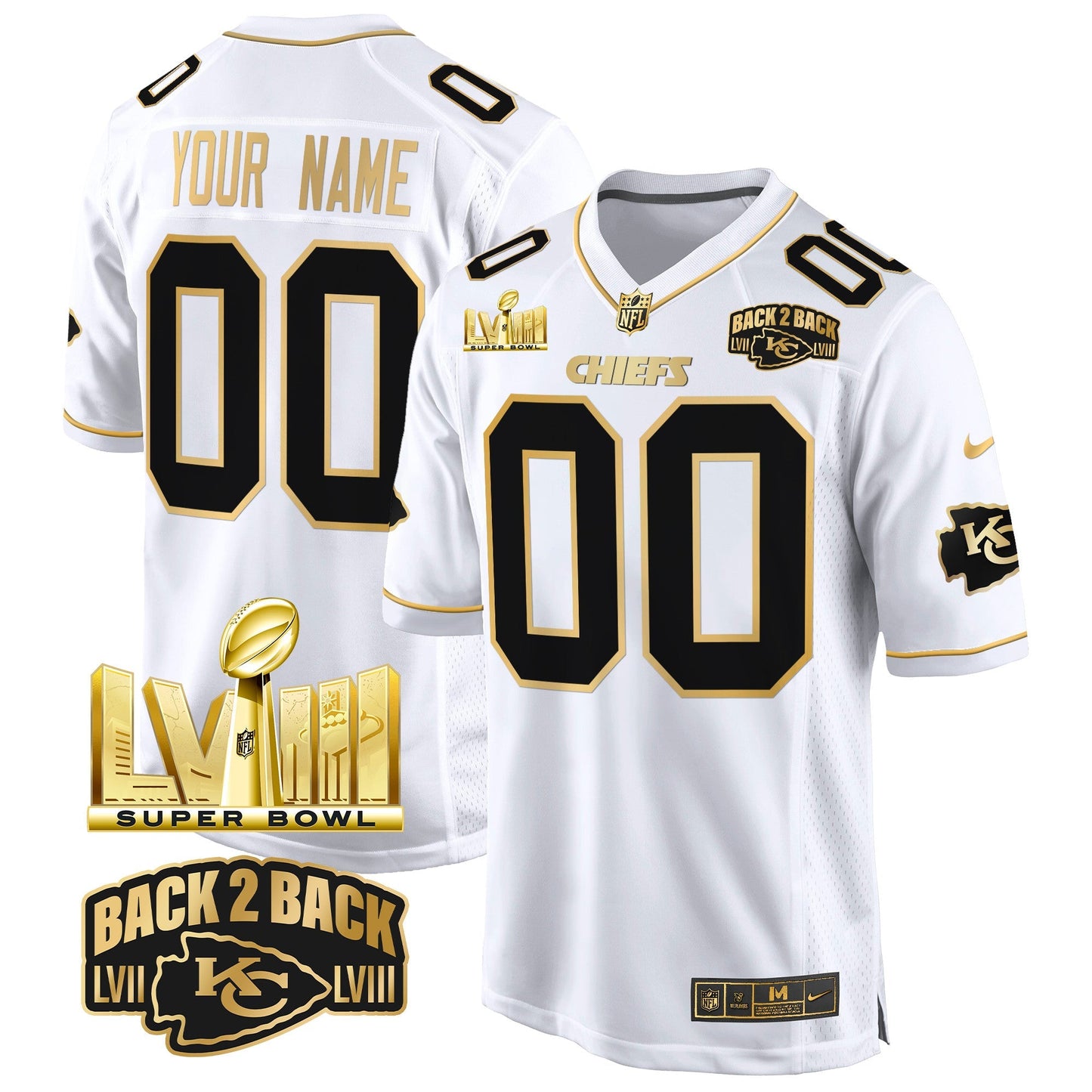 Chiefs Super Bowl LVIII & Back 2 Back Gold Game Custom Jersey - All Stitched
