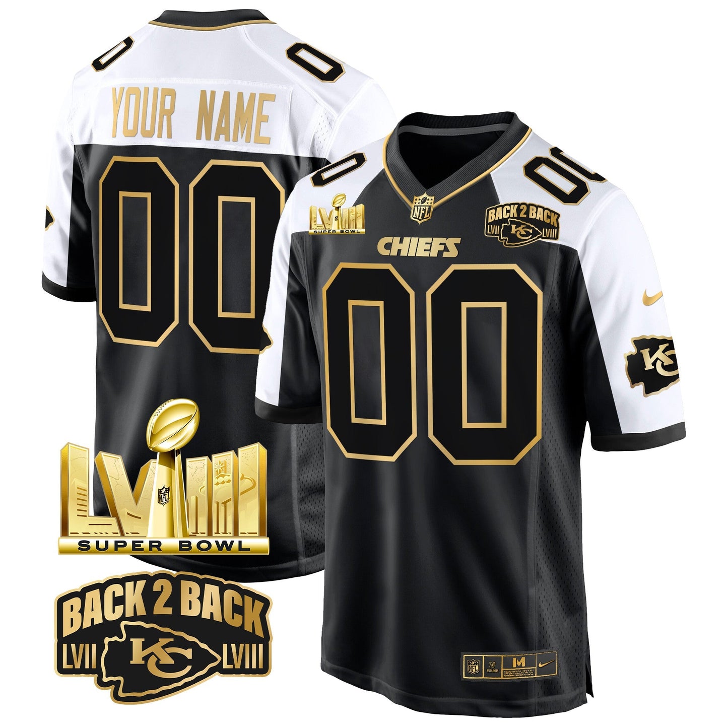 Chiefs Super Bowl LVIII & Back 2 Back Gold Game Custom Jersey - All Stitched