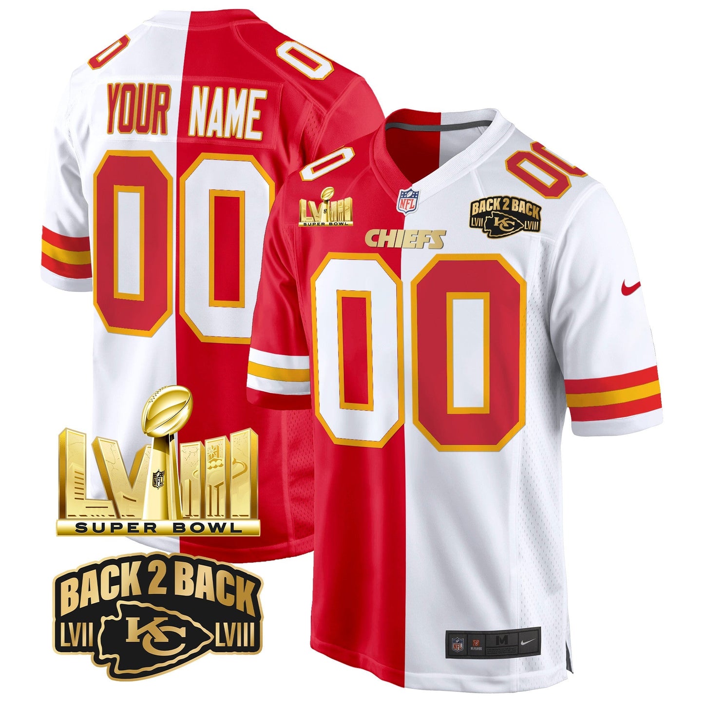 Chiefs Super Bowl LVIII & Back 2 Back Gold Game Custom Jersey - All Stitched
