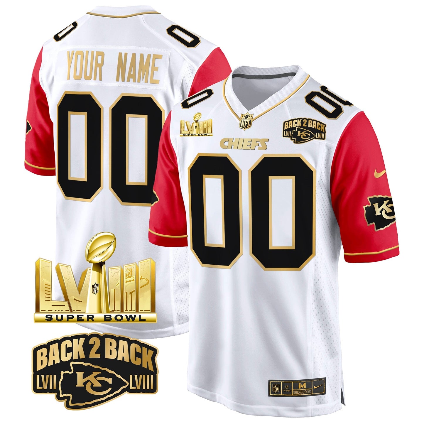 Chiefs Super Bowl LVIII & Back 2 Back Gold Game Custom Jersey - All Stitched