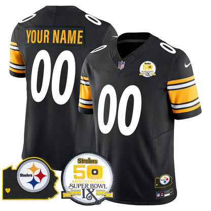 Steelers 50th Anniversary Of Super Bowl IX & Map Patch Vapor Limited Custom Jersey - All Stitched