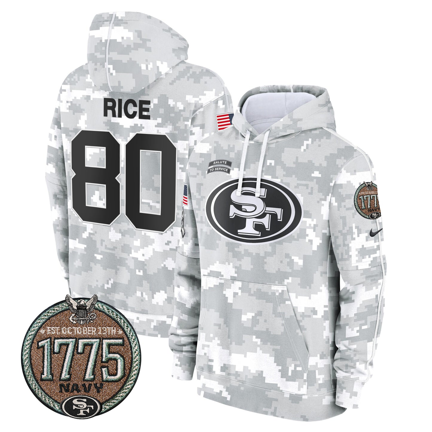 Men's 49ers 2024 Salute to Service Establishment Year Patch Fleece Pullover Hoodie - All Stitched