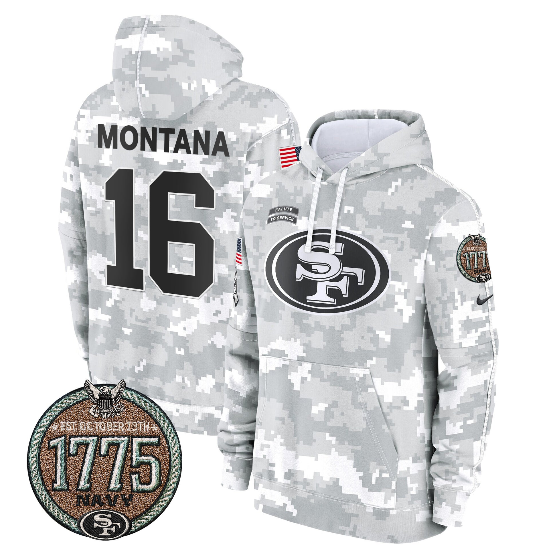 Men's 49ers 2024 Salute to Service Establishment Year Patch Fleece Pullover Hoodie - All Stitched