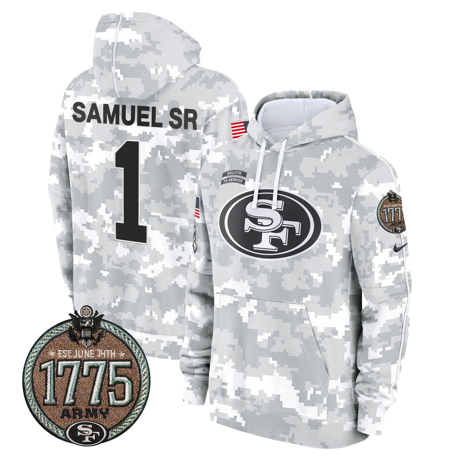 Men's 49ers 2024 Salute to Service Establishment Year Patch Fleece Pullover Hoodie - All Stitched