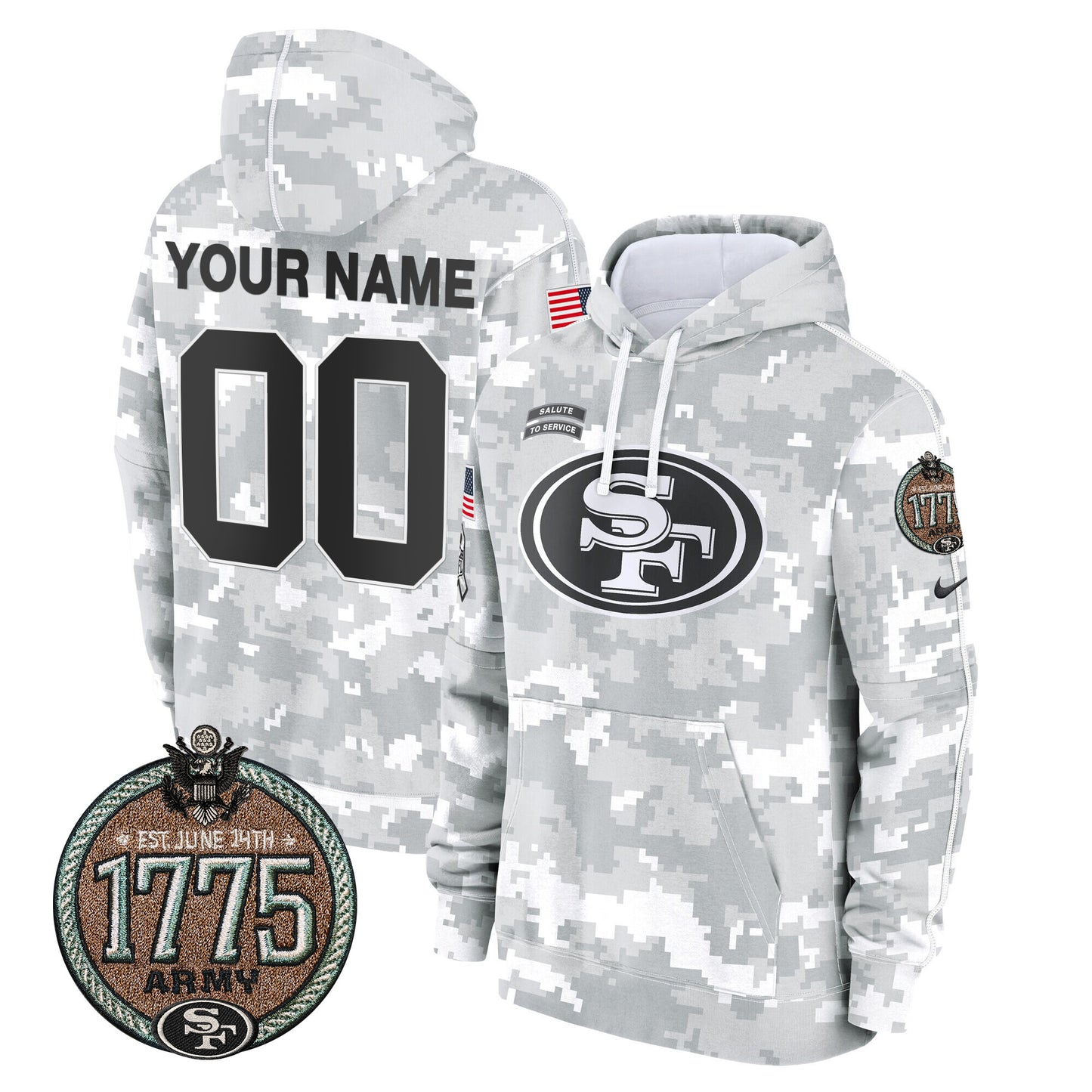 49ers 2024 Salute to Service Establishment Year Patch Custom Fleece Pullover Hoodie - All Stitched