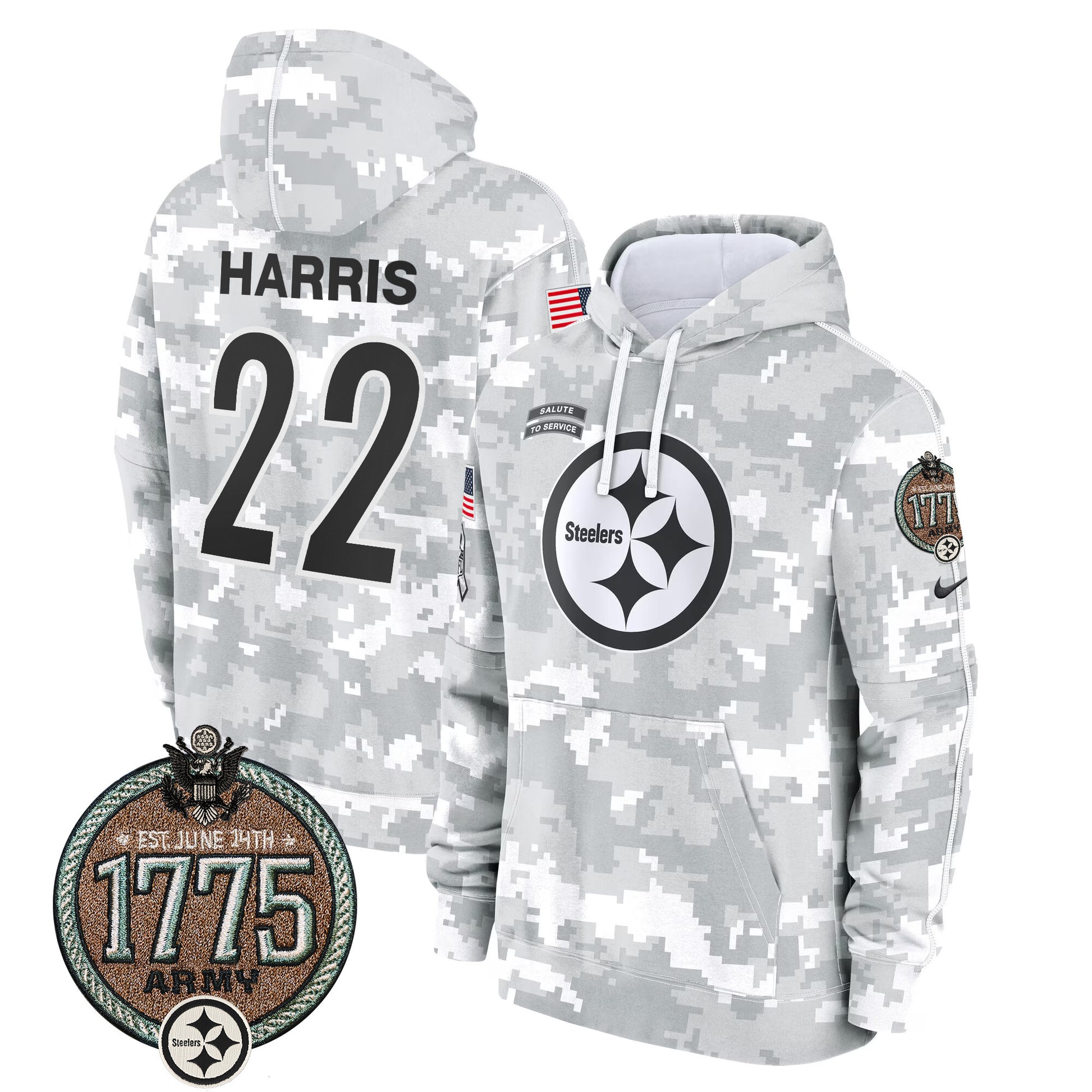 Men's Steelers 2024 Salute to Service Establishment Year Patch Fleece Pullover Hoodie - All Stitched