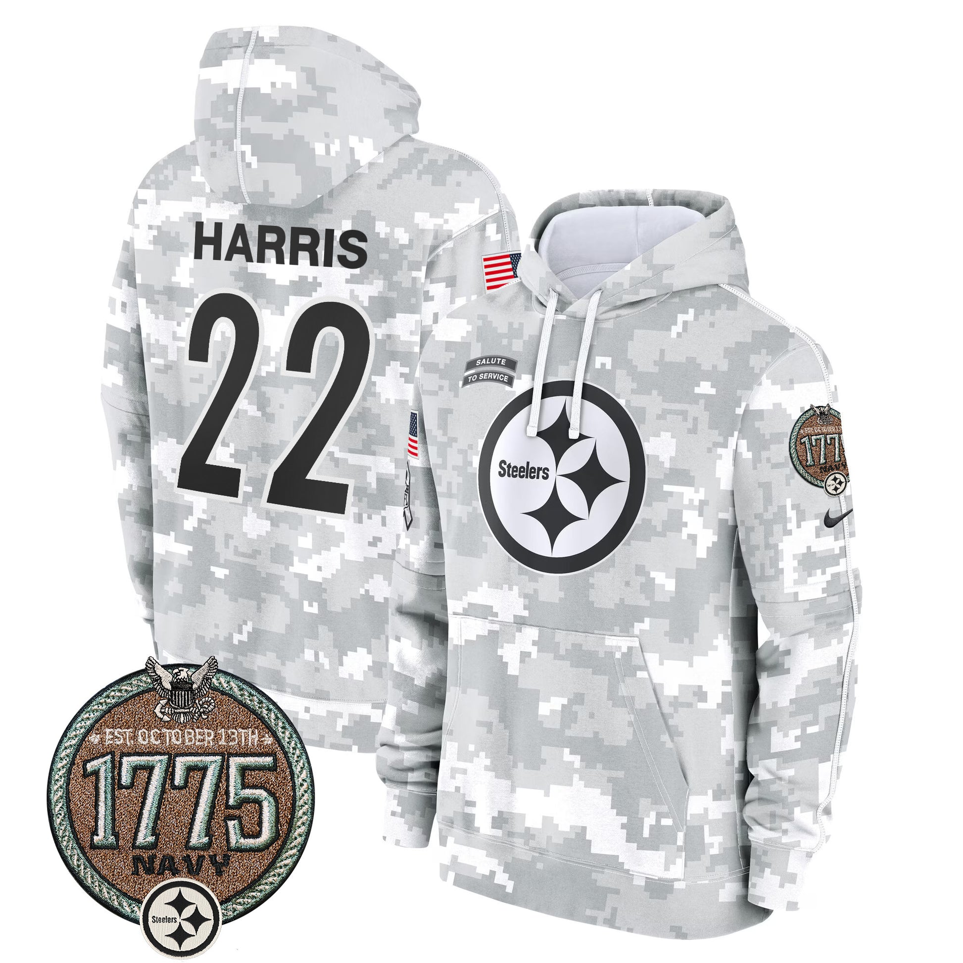 Men's Steelers 2024 Salute to Service Establishment Year Patch Fleece Pullover Hoodie - All Stitched