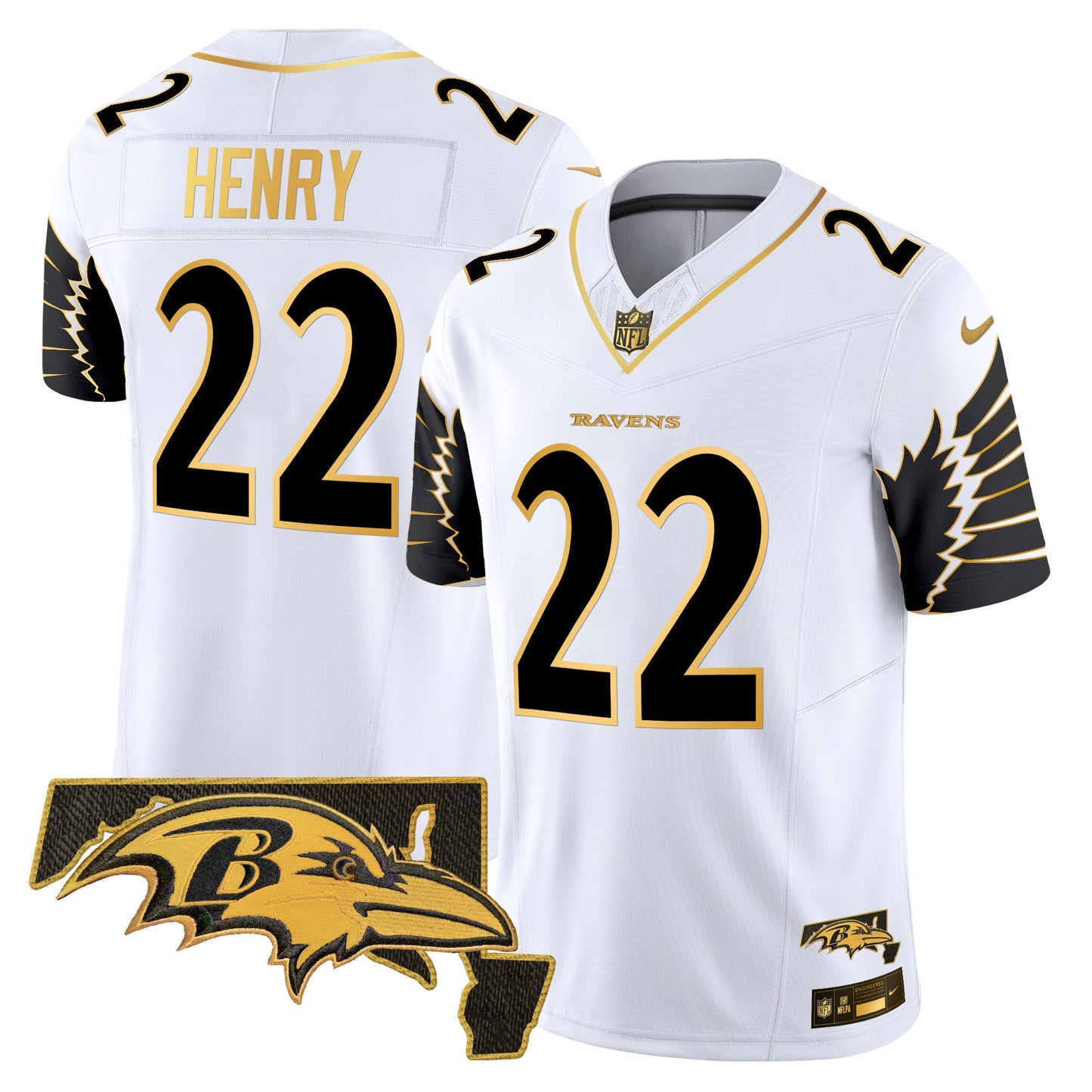 Men's Ravens Maryland Patch Gold Vapor Limited Jersey V2 - All Stitched