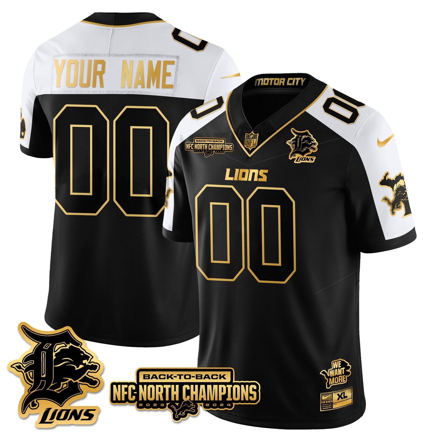 Custom Gender/Name DET 2024 NFC North Champions Gold Jersey N3 - All Stitched