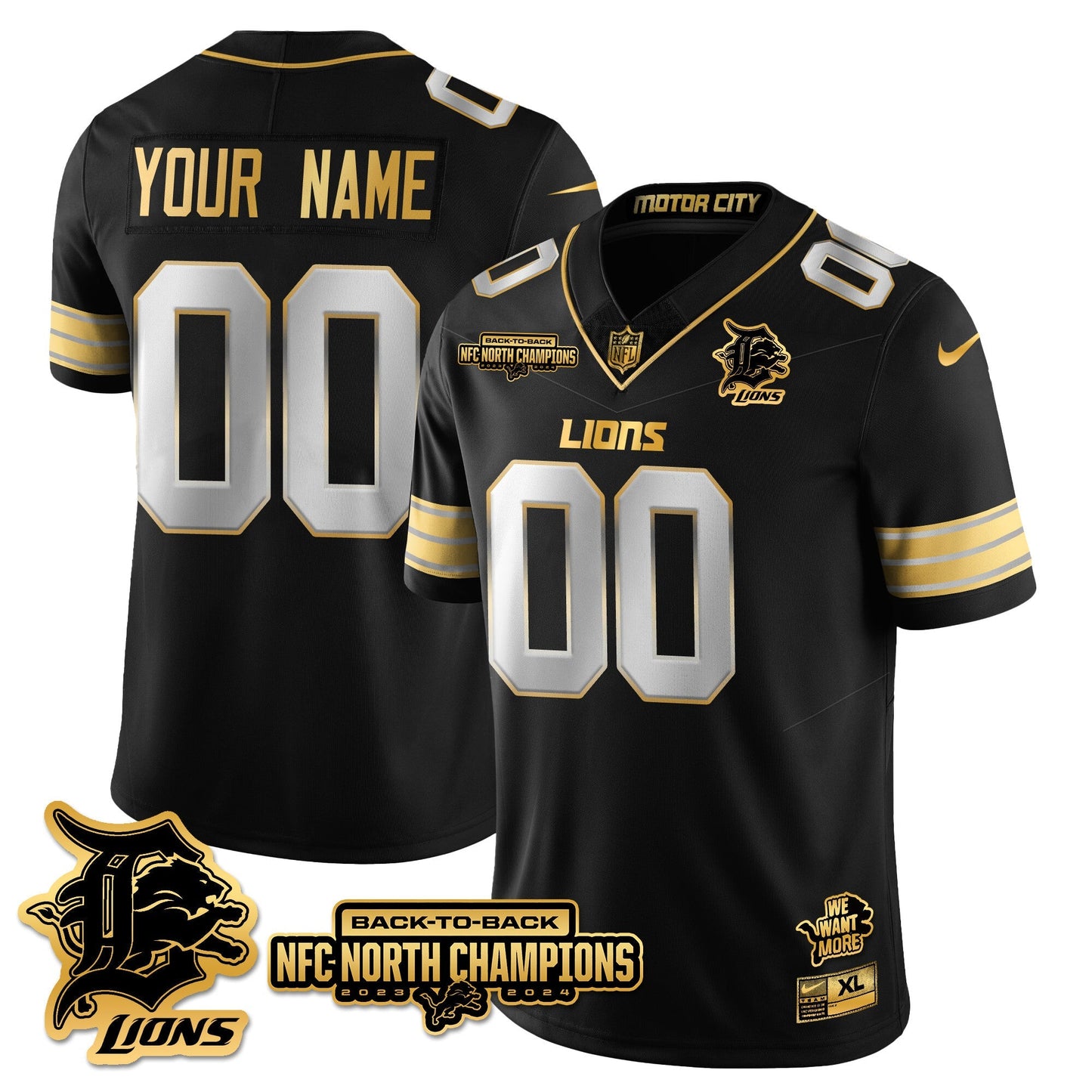 Custom Gender/Name DET 2024 NFC North Champions Gold Jersey N3 - All Stitched