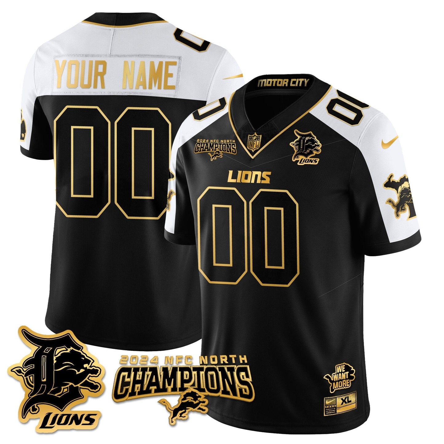 Custom Gender/Name DET 2024 NFC North Champions Gold Jersey N1 - All Stitched