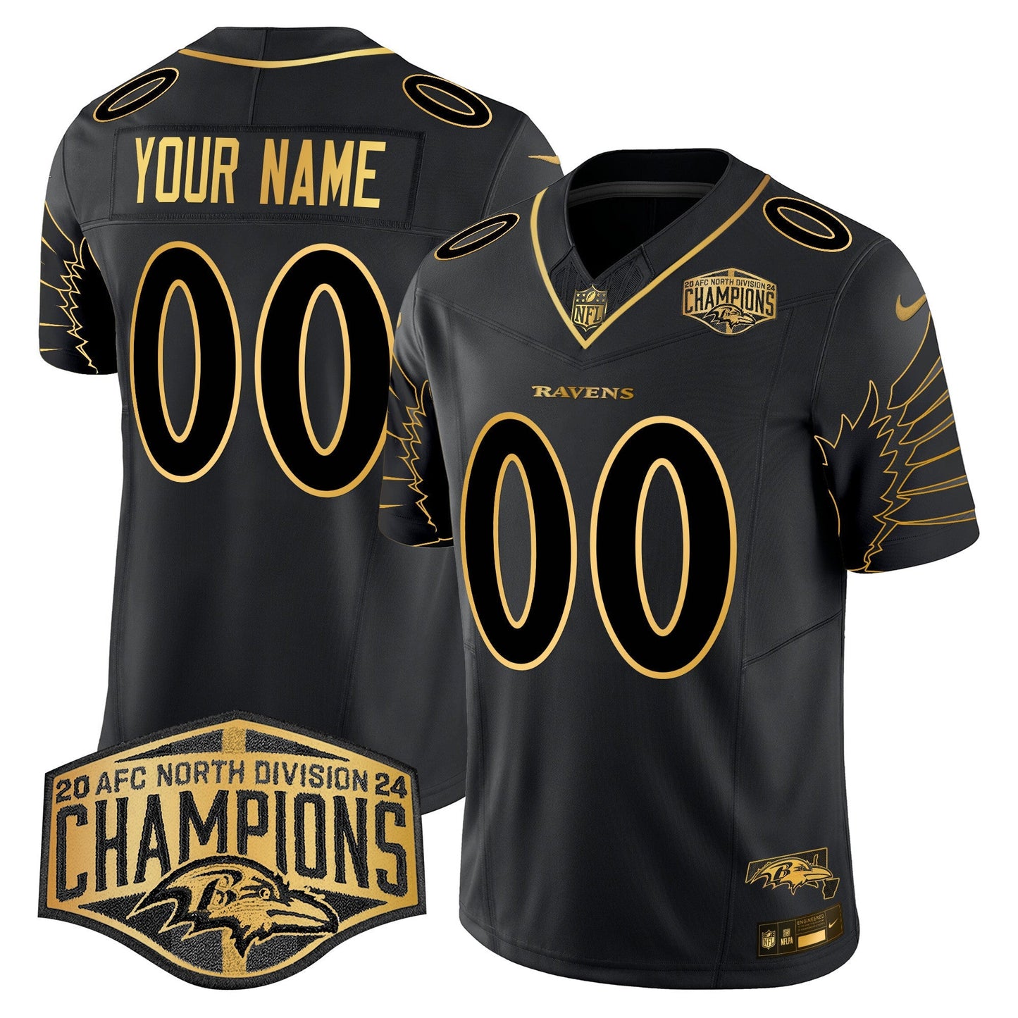 Ravens Maryland 2024 AFC North Division Champions Patch Gold Vapor Limited Custom Jersey - All Stitched