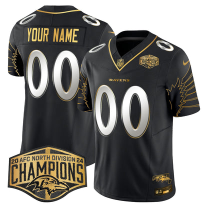 Ravens Maryland 2024 AFC North Division Champions Patch Gold Vapor Limited Custom Jersey - All Stitched