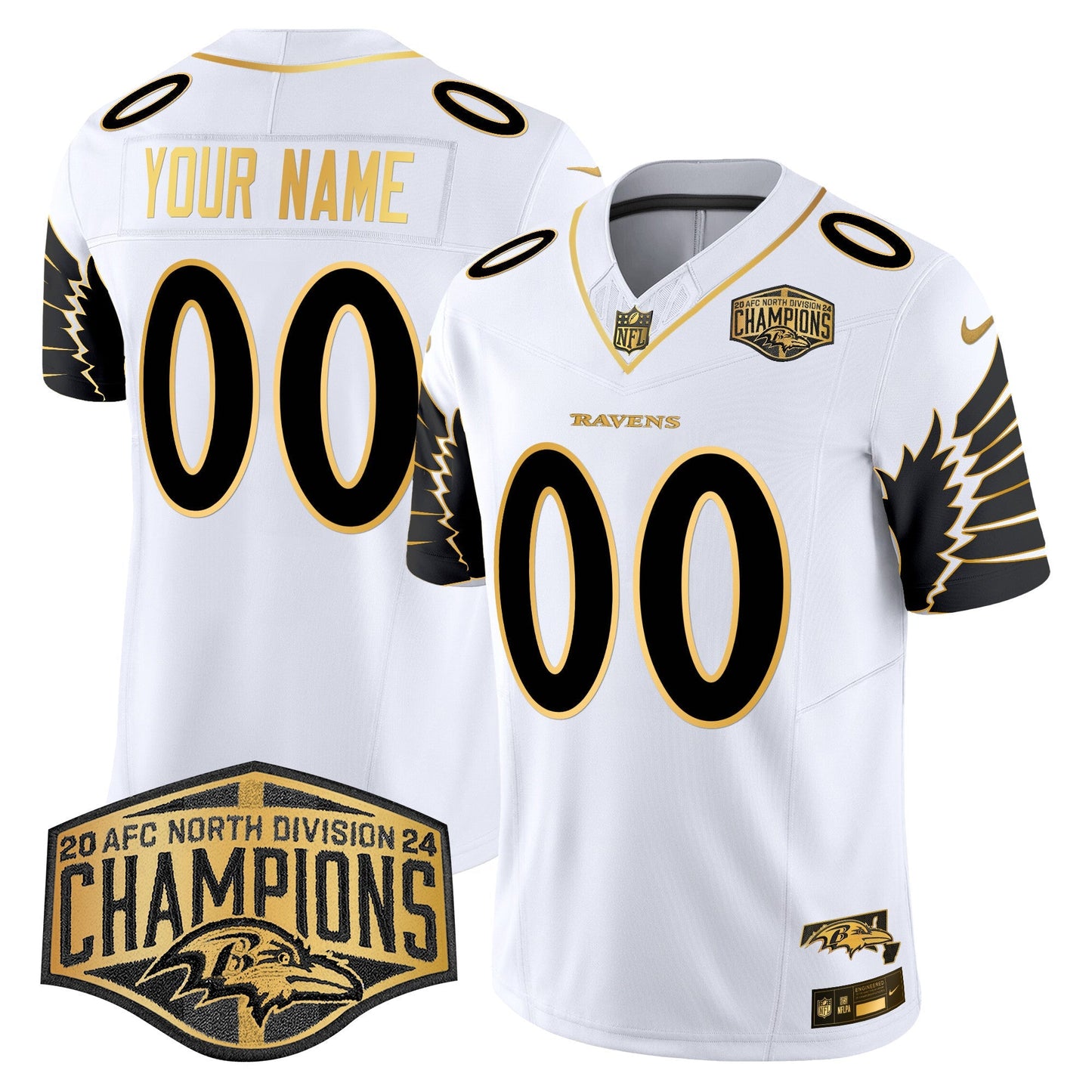 Ravens Maryland 2024 AFC North Division Champions Patch Gold Vapor Limited Custom Jersey - All Stitched