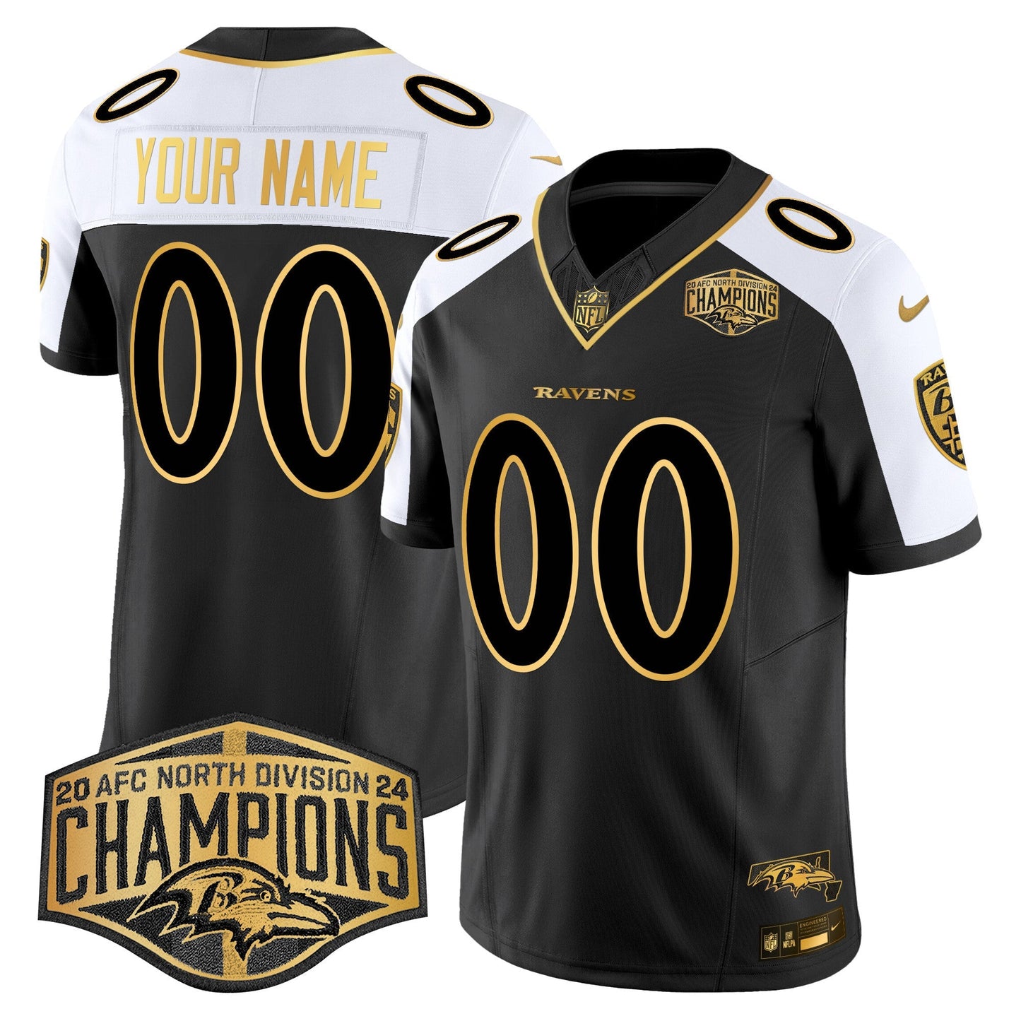 Ravens Maryland 2024 AFC North Division Champions Patch Gold Vapor Limited Custom Jersey - All Stitched