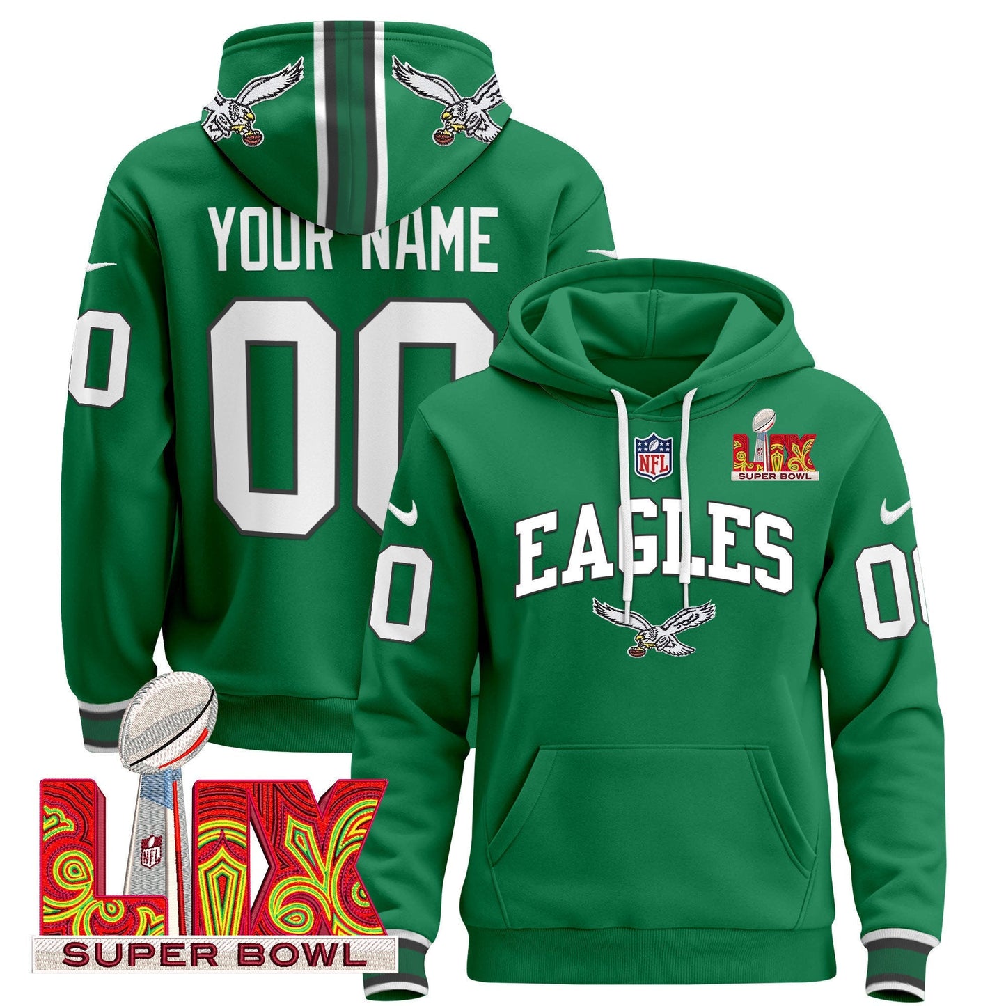 PHI Super Bowl LIX Patch Custom Pullover Hoodie - All Stitched