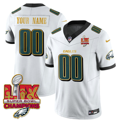Custom Name/Gender PHI Super Bowl LIX Champions Gold Trim Vapor Limited Jersey - All Stitched