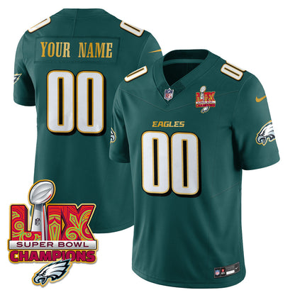Custom Name/Gender PHI Super Bowl LIX Champions Gold Trim Vapor Limited Jersey - All Stitched