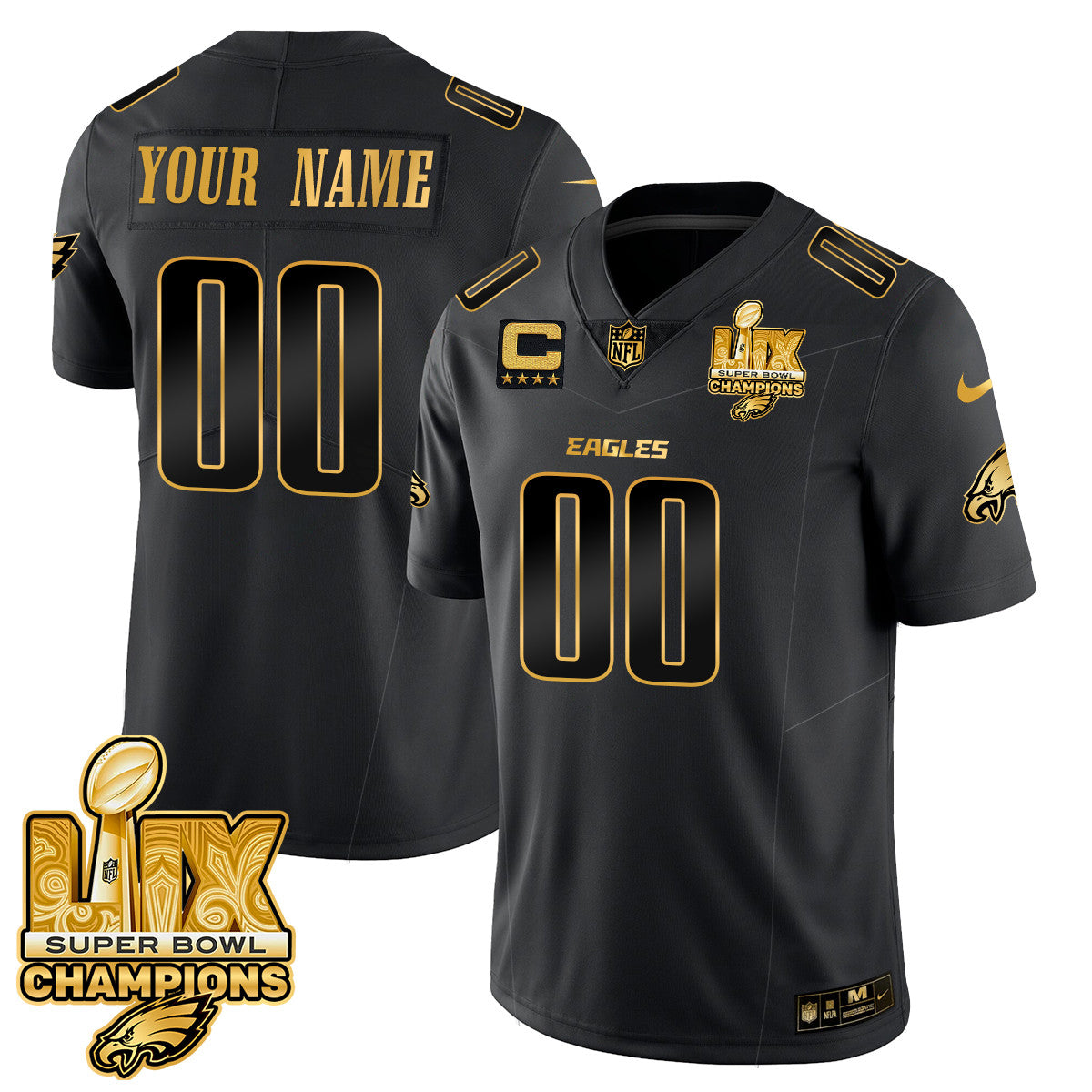 Custom Name/Gender PHI Super Bowl LIX Champions Gold Trim Vapor Limited Jersey - All Stitched