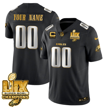 Custom Name/Gender PHI Super Bowl LIX Champions Gold Trim Vapor Limited Jersey - All Stitched