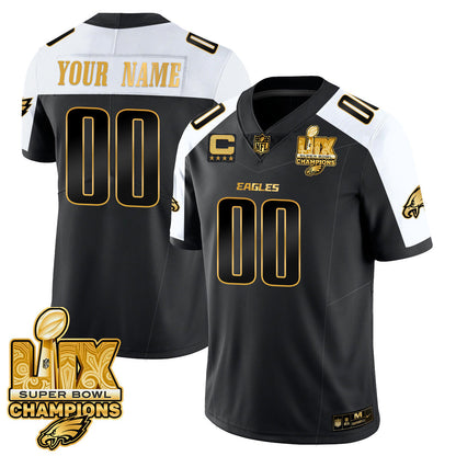 Custom Name/Gender PHI Super Bowl LIX Champions Gold Trim Vapor Limited Jersey - All Stitched