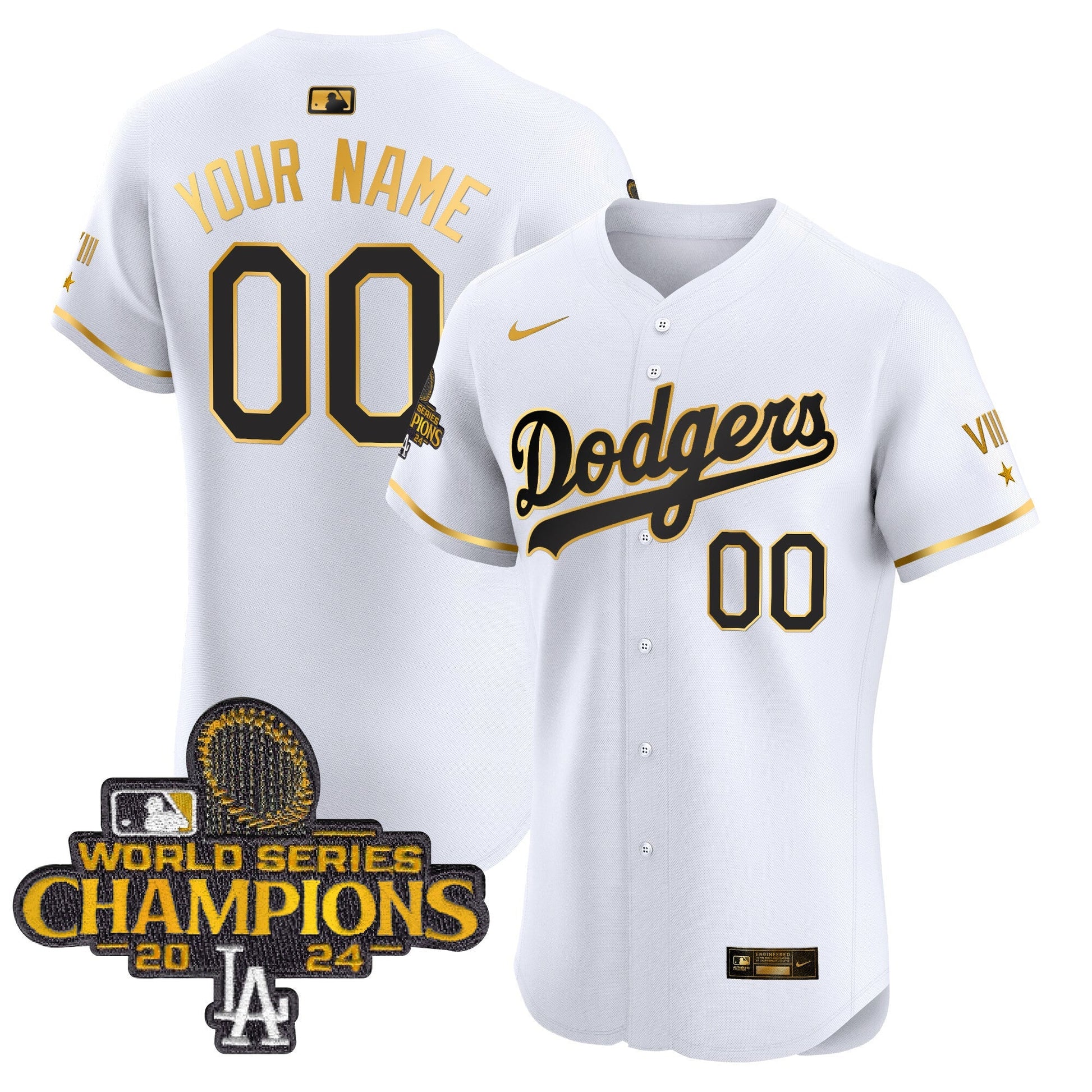 Dodgers 2024 World Series Champions Gold Trim Vapor Premier Elite Custom Jersey V3 - All Stitched