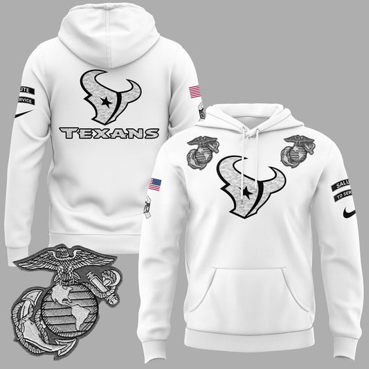 Houston Texans Marine Corps Patch White Pullover Hoodie - All Stitched