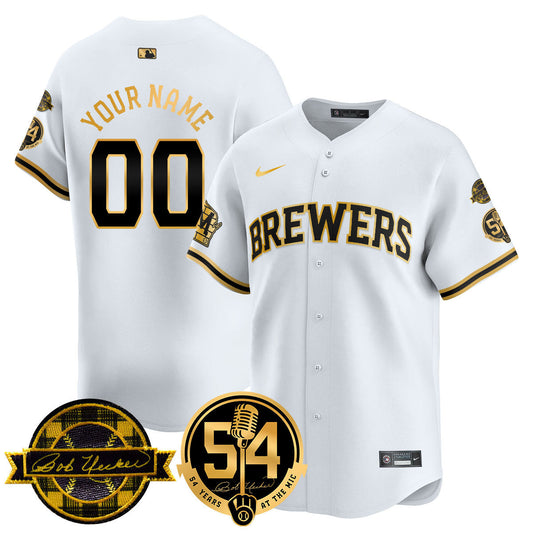 Custom Name/Number Milwaukee Brewers Jersey - Bob Uecker, 54 Seasons for Brewers - All Stitched