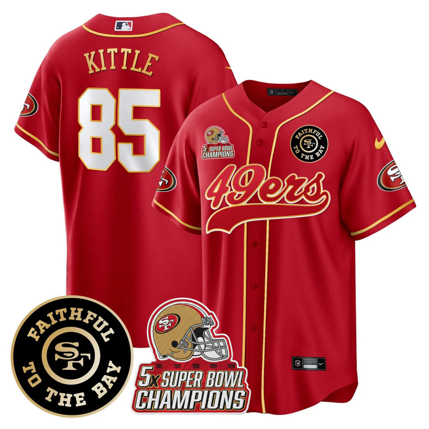 49ers Faithful To The Bay & 5x Champions Patch Baseball Jersey - All Stitched