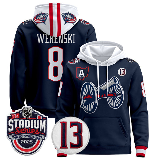 Men's Columbus Blue Jackets 2025 Stadium Series & #13 Johnny Gaudreau Patch Pullover Hoodie - All Stitched