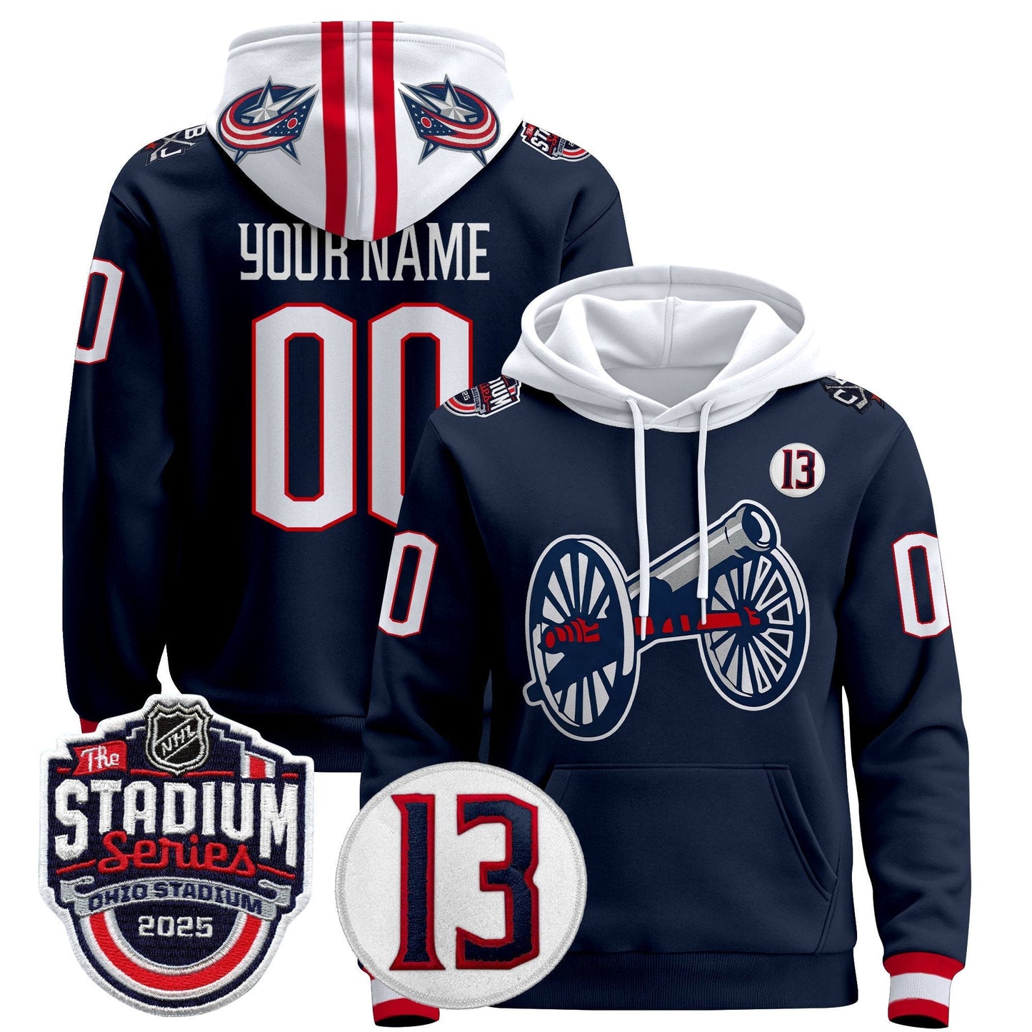 Columbus Blue Jackets 2025 Stadium Series & #13 Johnny Gaudreau Patch Custom Pullover Hoodie - All Stitched