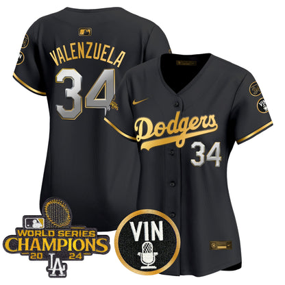Women's Dodgers 2025 Vin Scully & #34 Fernando Patch Gold Vapor Premier Limited Jersey - All Stitched
