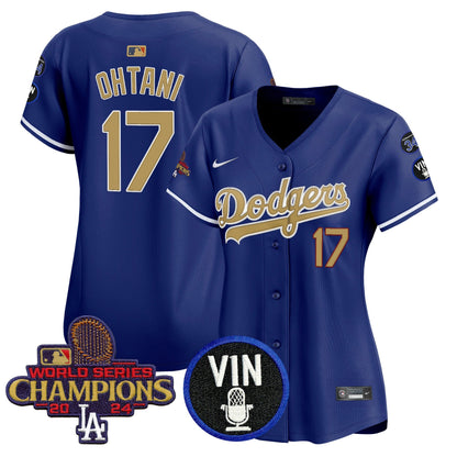 Women's Dodgers 2025 Vin Scully & #34 Fernando Patch Gold Vapor Premier Limited Jersey - All Stitched