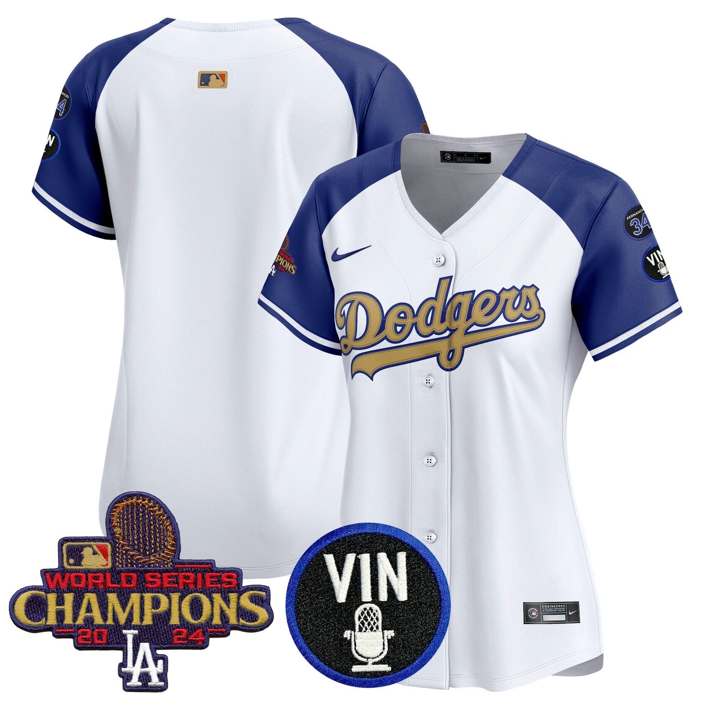 Women's Dodgers 2025 Vin Scully & #34 Fernando Patch Gold Vapor Premier Limited Jersey - All Stitched