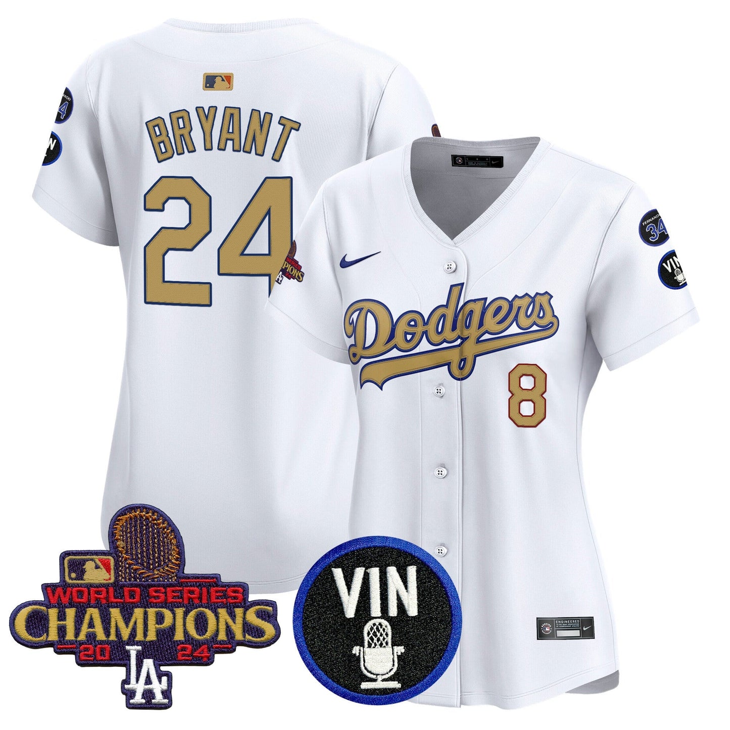 Women's Dodgers 2025 Vin Scully & #34 Fernando Patch Gold Vapor Premier Limited Jersey - All Stitched